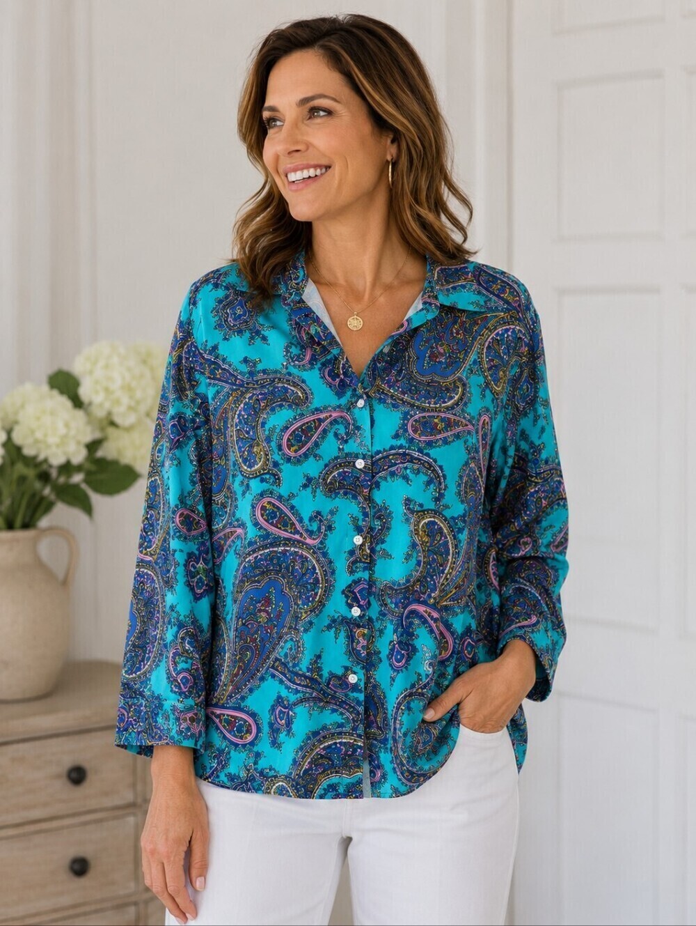 Talbots Poplin Paisley Blouse Women's Turquoise Button Front Long Plus Size